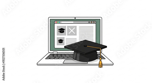 Graduation cap on laptop with online education webpage symbolizing e learning and academic achievement in modern technology