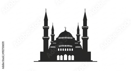 Black silhouette of a mosque with minarets and a dome on a white background symbolizing islamic architecture and culture