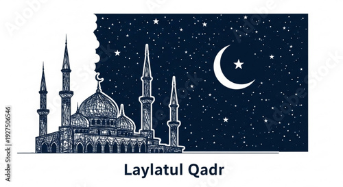 Laylatul qadr mosque under starry night sky with crescent moon
