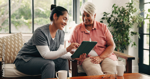 Photography Medical, tablet or talking with nurse and old woman in home living room for feedback or review
