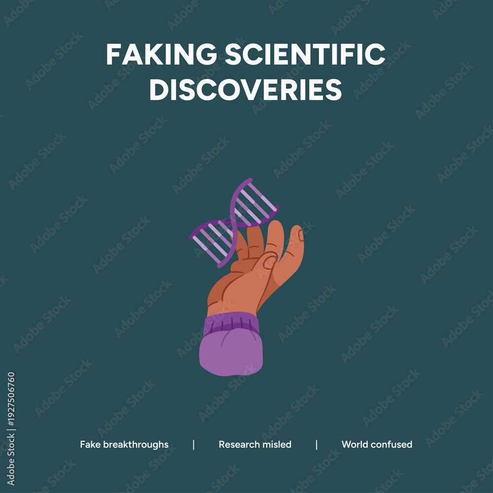 Fototapeta premium Faking scientific discoveries with a hand holding a DNA helix, illustrating research fraud and misinformation.