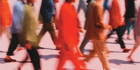 Diverse blurred people silhouettes walking in a crowd representing demographic change and population statistics on a soft coral pink background for a sociological concept