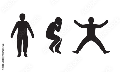 Human posture silhouettes showing standing sad and jumping poses