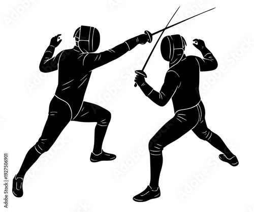 Black silhouette of two fencers in parry and riposte position, athletic vector of competitive fencing sport.