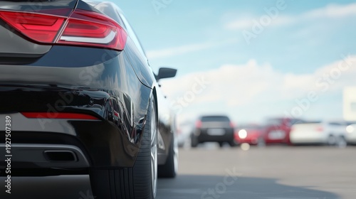 Shiny new black car parked in a dealership parking lot, reflecting nearby vehicles and a slightly cloudy sky, highlighting the vibrant atmosphere of automotive sales and commerce