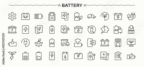 Battery line icon set. Charging linear icon set. Minimal thin line web icons set. Contains related to energy, charger, charge, charging, batterie, electrical and more. Editable vector.