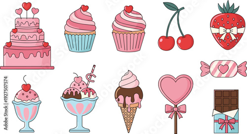 Cute sweet desserts flat vector set with cakes cupcakes candies and hearts