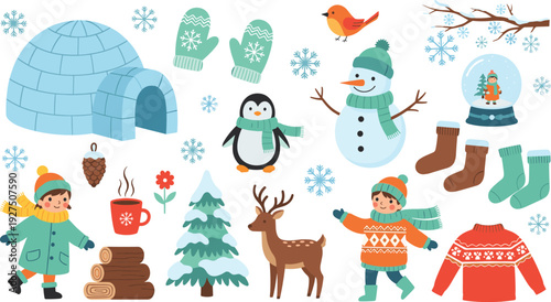 Cute winter icons flat vector set with snowman kids clothes and animals