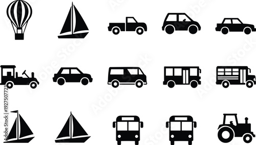 Black vector transportation icon set featuring tractor, sailboat, bus, car, pickup truck, van, bicycle, and hot air balloon silhouettes isolated on a white background.