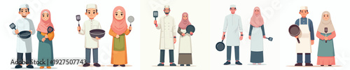 vector of a Muslim couple standing holding cooking utensils