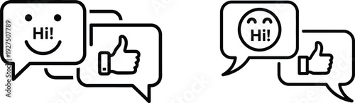 Social media chat bubbles with smiling faces and thumbs up