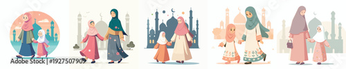 vector of a mother and muslim daughter walking together to the mosque