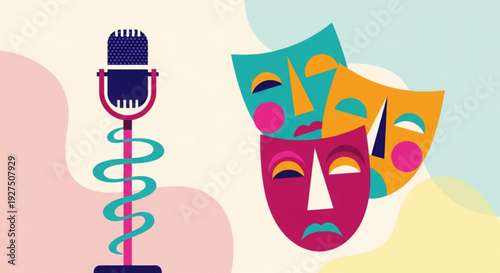 Iconic microphone and theater masks symbolizing creative expression, performance, and the art of storytelling