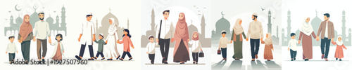 vector of a happy muslim family walking together to the mosque