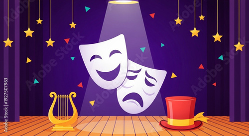 World Theatre Day Theatrical masks and instruments evoking the drama and art of performance, stage lights illuminating a dramatic production