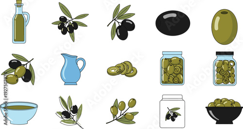 Olive oil and green black olives collection set isolated on white background, healthy Mediterranean food ingredients and preserved olives vector illustration