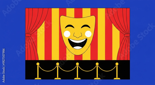 Theatrical performance stage with a smiling mask and red and yellow striped curtains, symbolizing entertainment and drama