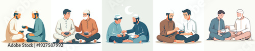 vector of Muslim brothers men sharing food while breaking the fast