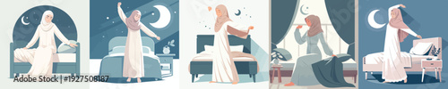 vector of a Muslim woman waking up for sahur in Ramadan