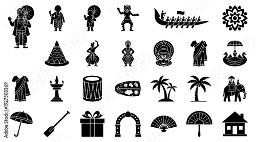 Happy Onam festival vector silhouette icon collection featuring King Mahabali, Kathakali face, traditional sadhya meal, snake boat race, and Kerala cultural symbols.
