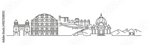 Desert Rajasthan skyline vector thin line drawing with traditional Indian architecture forts palaces and sand dunes for travel and tourism panoramic graphic design.