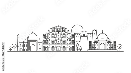 India and Rajasthan skyline vector continuous line art illustration featuring famous historic landmarks palaces and monuments isolated for travel tourism design.