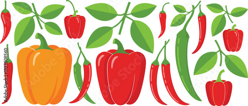Hot chili peppers and bell peppers flat vector set with green leaves