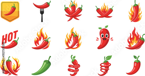 Hot Chili Pepper Icons Set with Spicy Fire Flames Illustration