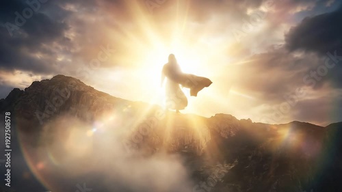 Jesus fully transfigured on a mountain summit enveloped in divine brilliance