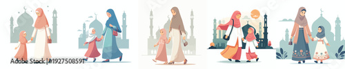 vector of a mother and muslim daughter walking together to the mosque