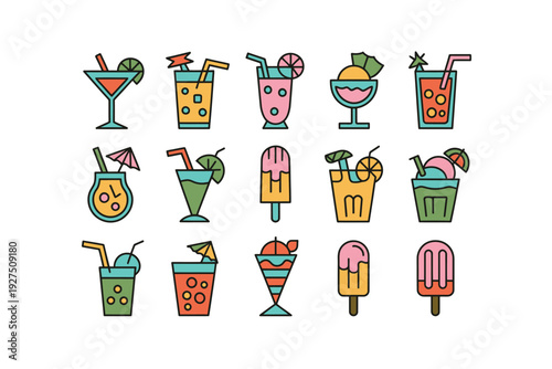 A colorful illustration of various cold drinks and ice cream icons