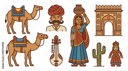 Colorful Traditional Rajasthan Culture Vector Icon Set with Decorated Camel Local People Turban Fort Music Instrument Cactus and Puppet for Indian Tourism Travel Design Elements