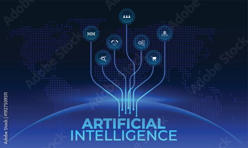 Global world map infographic scheme featuring seven option buttons overlayed for AI-driven insights. Futuristic background with Artificial Intelligence Text. Tech presentations, business, Data