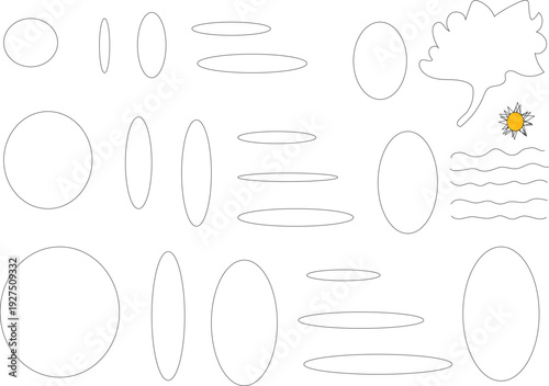 outline geometric shapes including circles ellipses wavy lines a speech bubble and a small yellow sun icon.