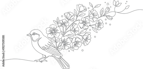 Delicate single line art drawing depicts a small songbird perched near beautiful blossoming spring flowers on a white background.