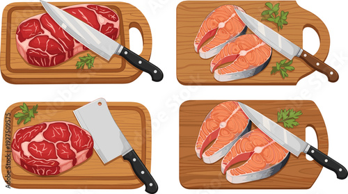 Raw Meat and Fish Cutting Boards Set with Knife Illustration
