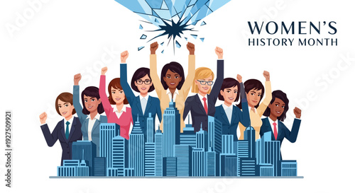 Wallpaper Mural Illustration of diverse business professionals celebrating Women's History Month with raised arms in front of a city skyline, conveying empowerment and gender equality. Torontodigital.ca