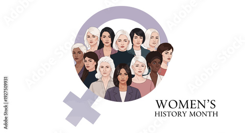 Wallpaper Mural Illustration celebrating Women's History Month with diverse group of women in a purple female symbol on a white background. Torontodigital.ca