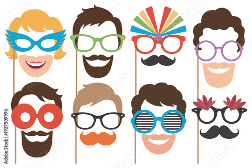 A colorful illustration of fun photo booth props with glasses and mustaches
