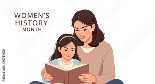 Wallpaper Mural Illustration of a woman and a girl celebrating Women's History Month by reading an inspiring book together with a joyful mood. Torontodigital.ca