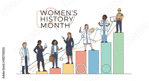 Illustration celebrating Women's History Month with diverse professionals in various occupations on colorful bar graphs and lines, symbolizing women empowerment and leadership in business