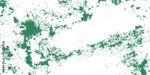 An abstract green grunge background featuring watercolor paint splashes and ink splatters creates a textured nature pattern with liquid stains and artistic vector illustration elements