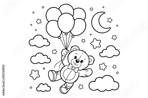 A cute teddy bear illustration floating in the air with balloons