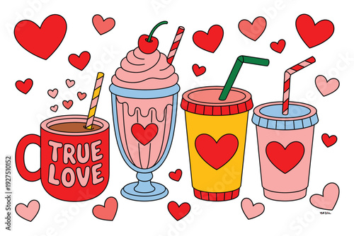 A heartwarming illustration of drinks with hearts and love theme