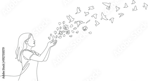 Single line drawing shows a young woman releasing beautiful flower petals and birds into the open air