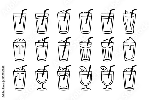 A set of black and white cocktail icons with straws and ice