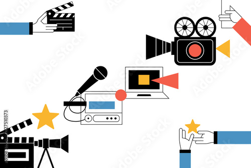 A film camera icon illustration with various movie production elements