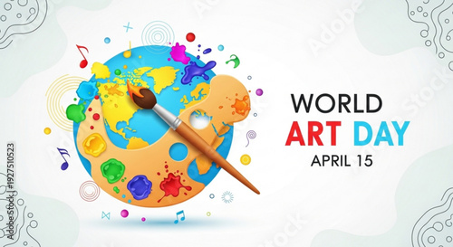 World art day celebration with paintbrush and colorful globe on april 15th