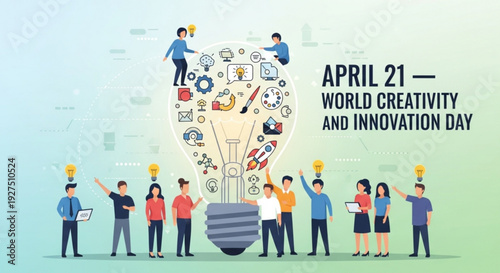 Diverse group celebrating world creativity and innovation day with lightbulb ideas