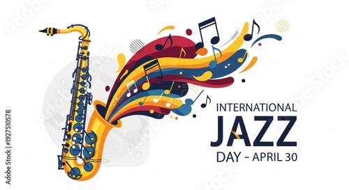Vibrant international jazz day illustration with saxophone music notes and colorful swirls on white background